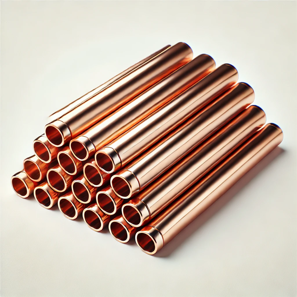 DALL·E 2024 07 15 10.25.44 A simple and clear image of copper pipes similar to the one provided. The pipes are cylindrical shiny and metallic shown in various sizes. The ima