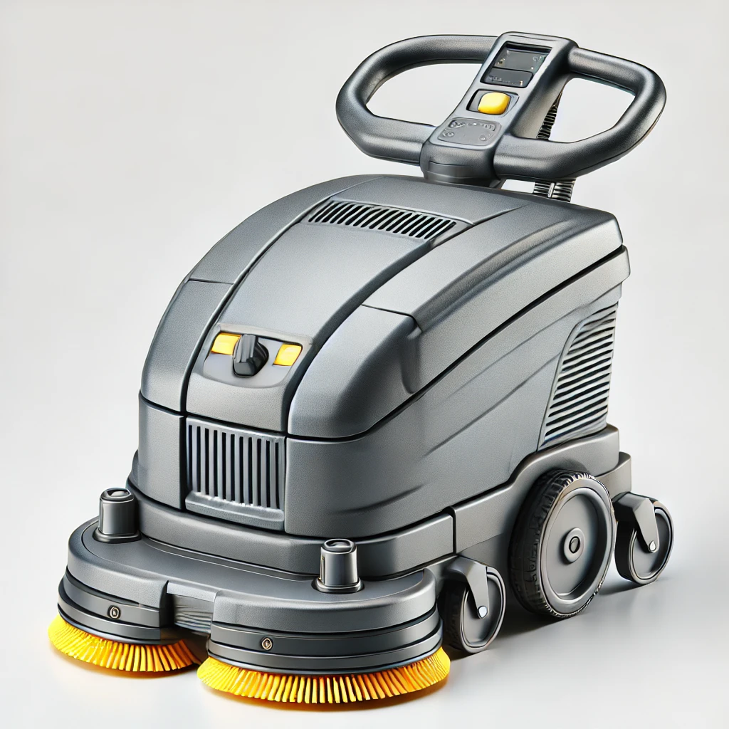 DALL·E 2024 07 19 11.44.16 A realistic illustration of a modern floor scrubber machine similar to the one in the provided image. The machine has a sleek gray plastic body with