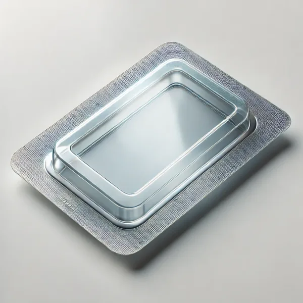 DALL·E 2024 07 01 10.33.10 A simple blister packaging with a transparent rigid plastic front. The packaging is rectangular featuring a molded plastic compartment to hold the p