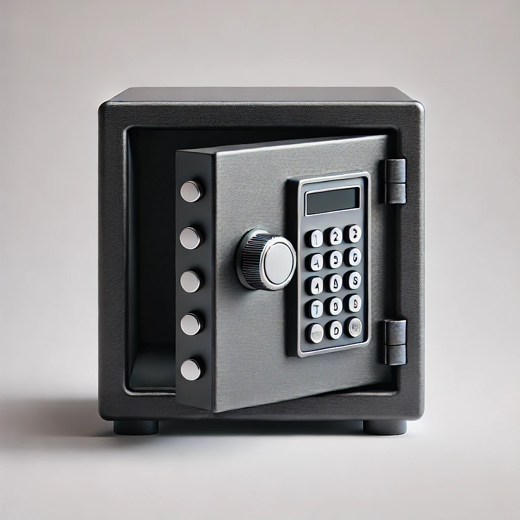DALL·E 2024 07 01 11.20.17 A simple digital safe on a white background. The safe is black and rectangular with a basic design. It has a keypad for password entry and a fingerpri