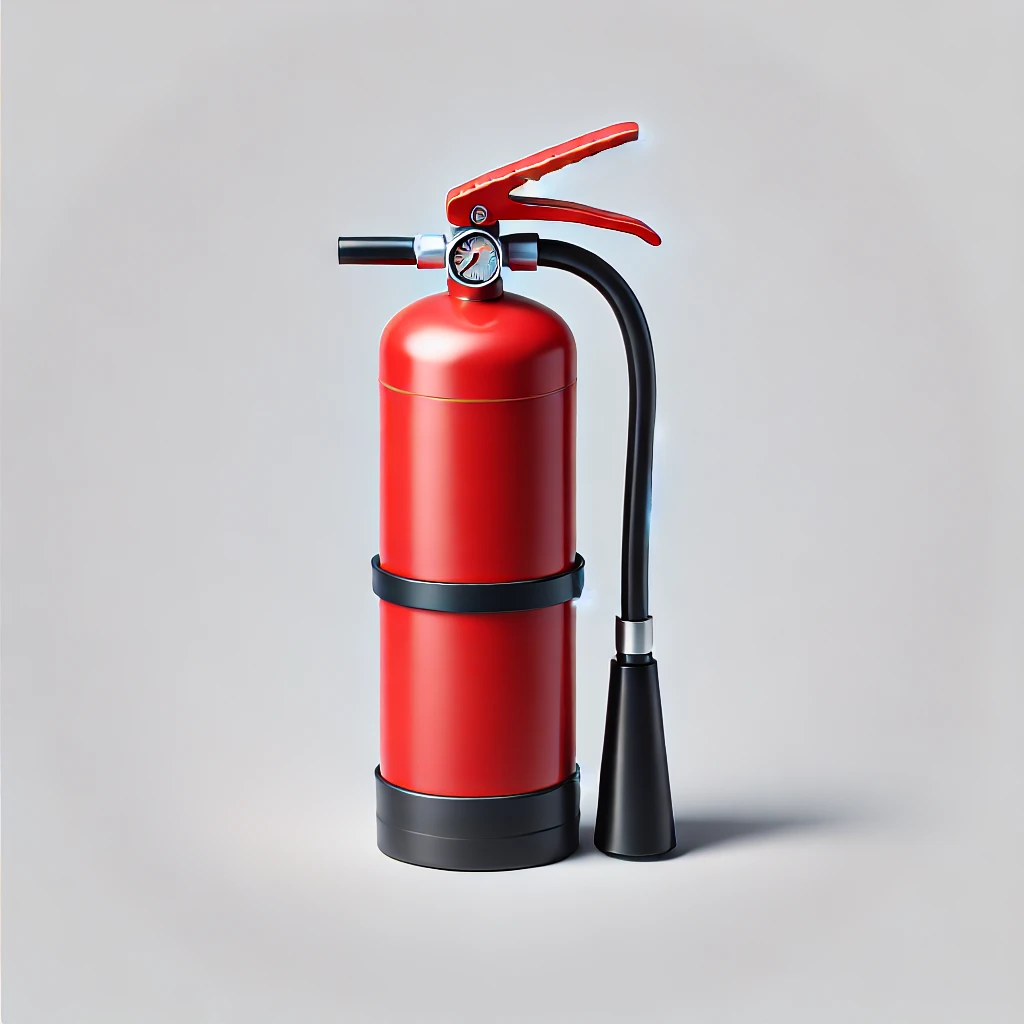 DALL·E 2024 07 01 17.21.37 A simple fire extinguisher with a red cylindrical metal body a black activation lever at the top a pressure gauge and a flexible black hose with a