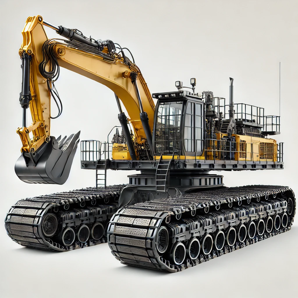 DALL·E 2024 07 01 17.52.27 An amphibious excavator with a robust structure featuring wide metal pontoons on each side instead of traditional tracks. The pontoons are reinforced