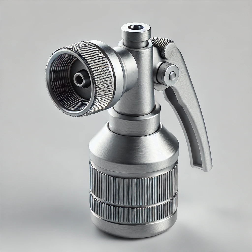 DALL·E 2024 07 02 16.07.15 A realistic image of a metallic spray nozzle similar to the example provided. The nozzle is cylindrical with a bent neck and a ridged texture on the u