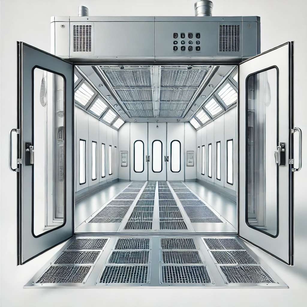 DALL·E 2024 07 03 11.17.11 A realistic image of an industrial spray booth with large open double doors and windows. The booth has a spacious interior with white walls ceiling l