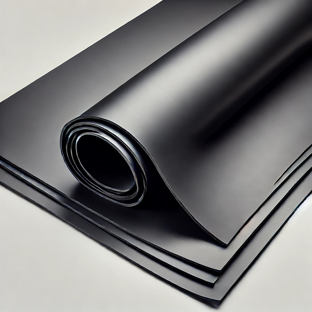 DALL·E 2024 07 08 09.19.25 A flat sheet of rubber typically black or gray with a smooth and slightly shiny surface. The sheet is flexible and elastic allowing it to be bent o