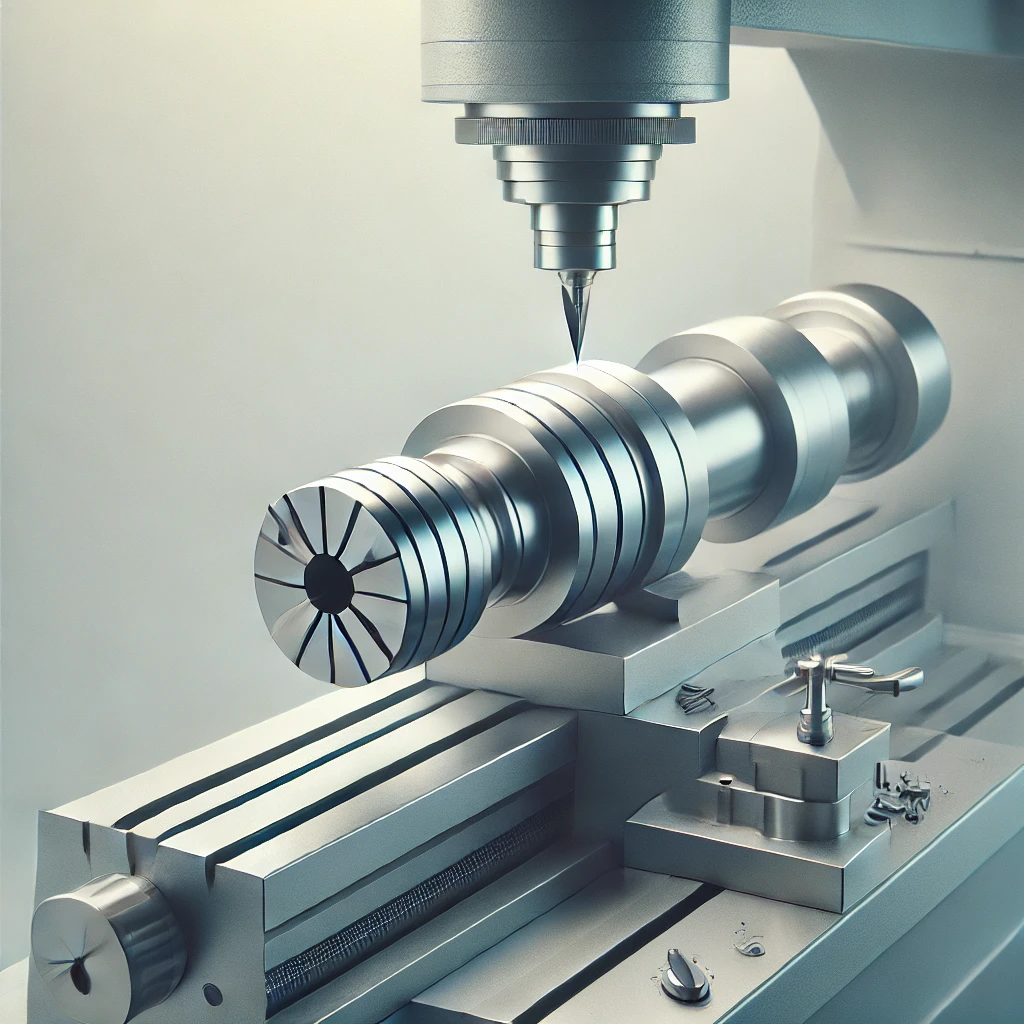 DALL·E 2024 07 08 09.35.32 A simple and minimalist image of a metal lathe machine in operation. The machine features a rotating cylindrical metal workpiece being machined with a