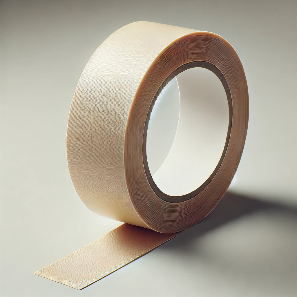 DALL·E 2024 07 08 09.46.00 A simple and minimalistic image of a roll of beige adhesive tape. The tape is coiled into a cylindrical shape with a visible inner core. A small strip