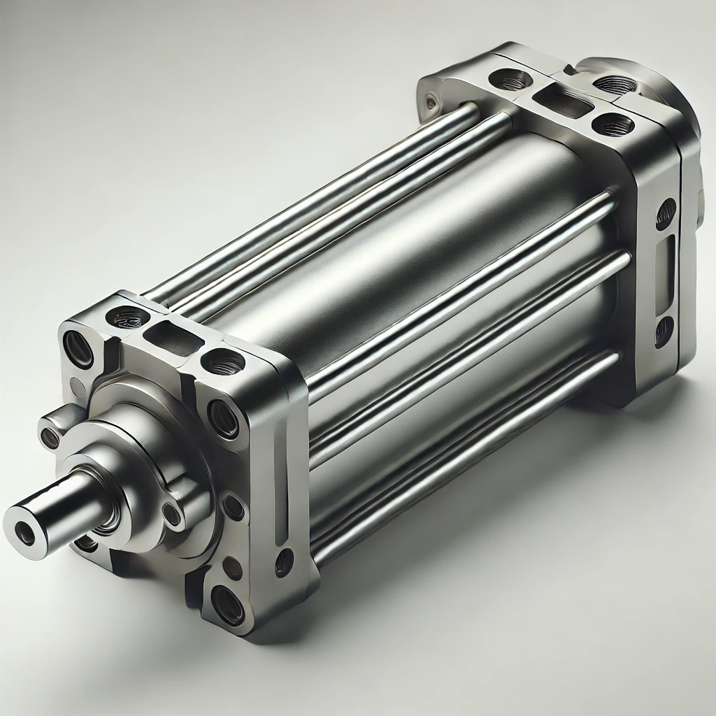 DALL·E 2024 07 08 10.47.23 A simple and detailed image of a metallic pneumatic cylinder. The cylinder has a sleek industrial design with smooth machined surfaces and multiple