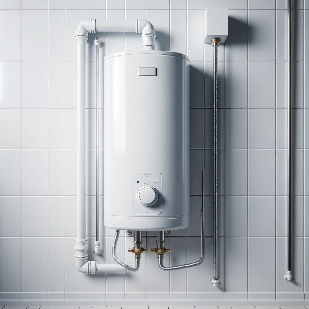 DALL·E 2024 07 08 11.00.04 A simple image of a modern gas water heater installed on a white tiled wall. The water heater has a sleek white exterior with minimal details. It is c