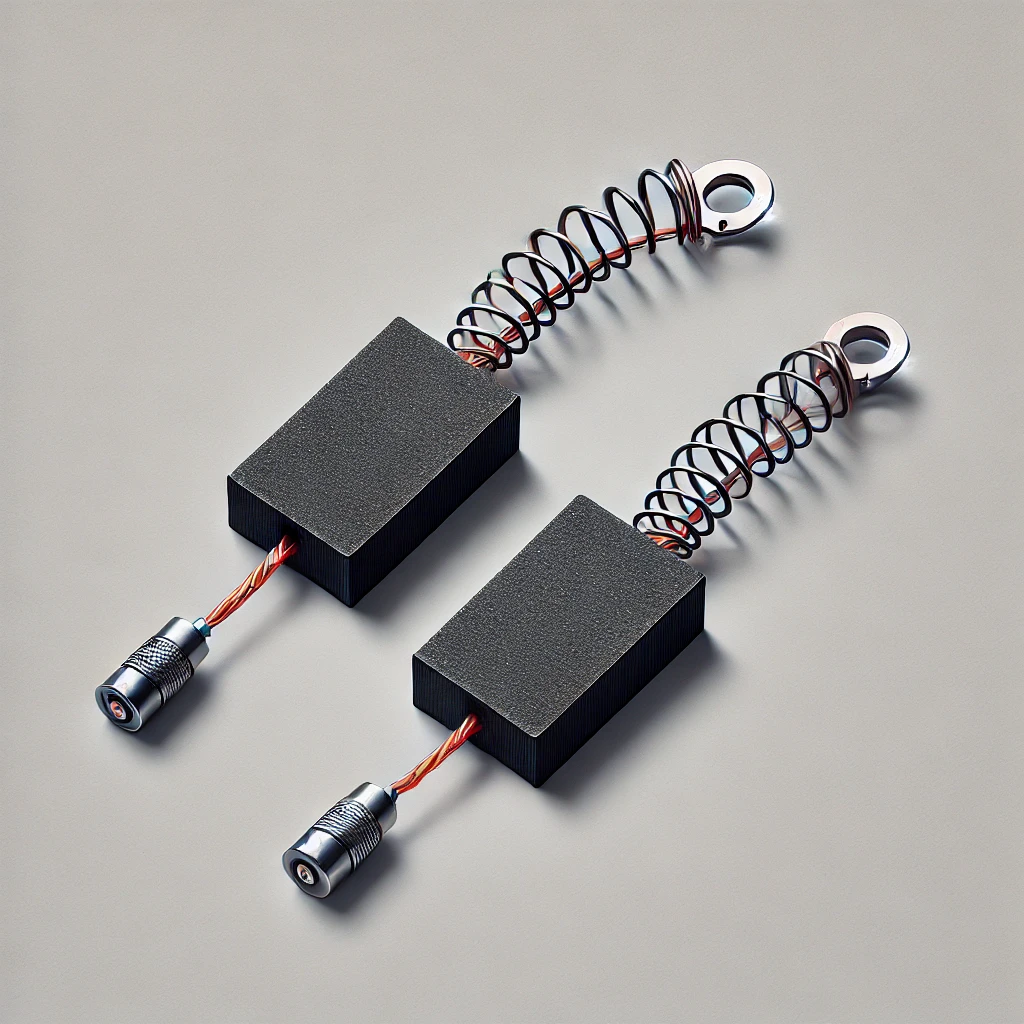 DALL·E 2024 07 08 13.01.59 A detailed image of two carbon brushes for electric motors. Each brush consists of a rectangular black carbon block with a copper wire attached conne