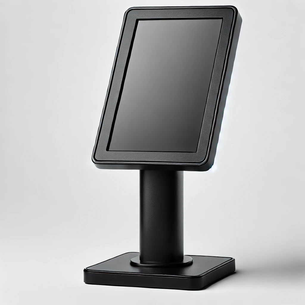 DALL·E 2024 07 10 11.43.54 A simple black interactive touchscreen kiosk with a plain design. The kiosk has a large angled touchscreen display mounted on a basic pedestal with