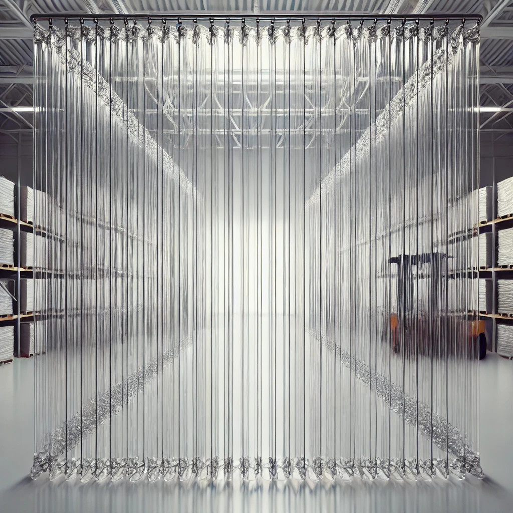 DALL·E 2024 07 11 09.11.10 A PVC strip curtain consisting of multiple transparent flexible plastic strips hung vertically from a metal or aluminum frame with a white backgroun