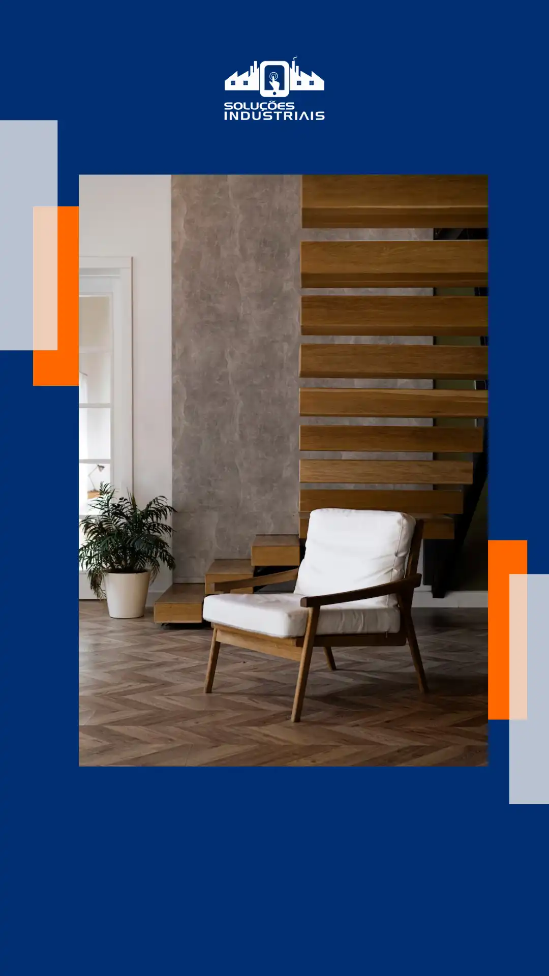 Ambiente moderno com paredes em cimento queimado, móveis de madeira e plantas, ideal para decoração contemporânea.