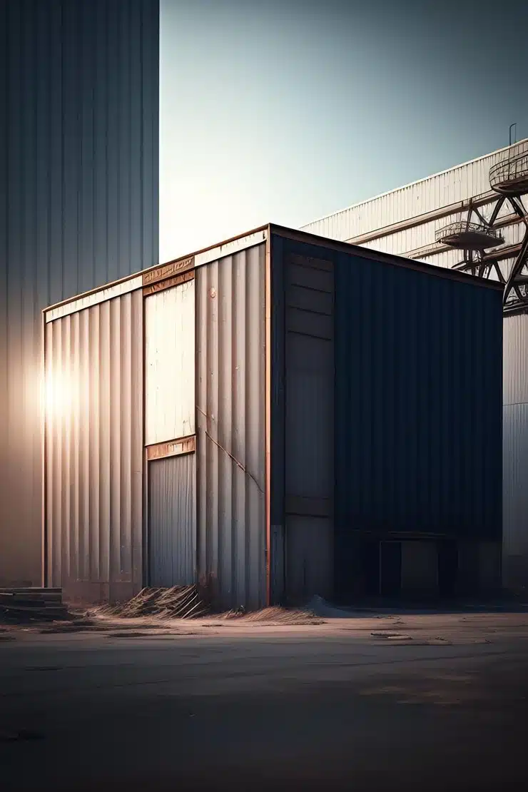 Imagem de um container guarita em um ambiente industrial, iluminado pela luz do sol. O container é utilizado como espaço de segurança ou vigilância em locais de trabalho.