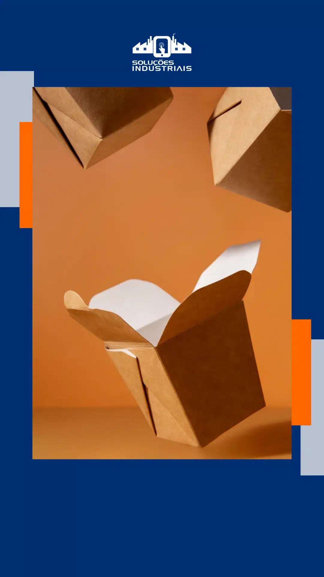 Imagem de caixas de papel kraft flutuando sobre um fundo laranja, ideal para soluções industriais e embalagem de produtos.