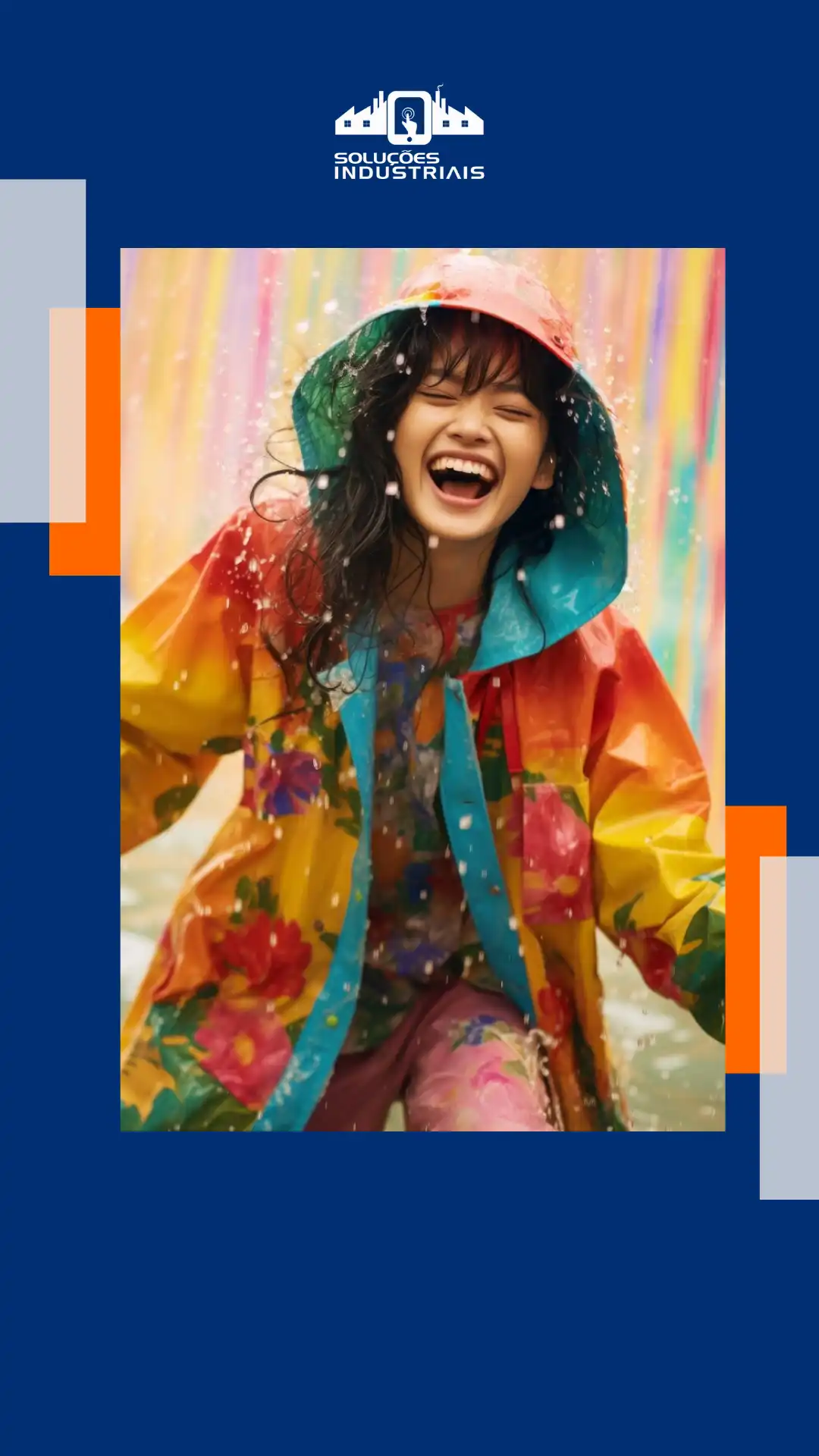 Imagem colorida de uma jovem sorrindo e se divertindo sob a chuva, vestindo um impermeável floral. A alegria e a vivacidade são evidentes, ideal para destacar boas soluções industriais.