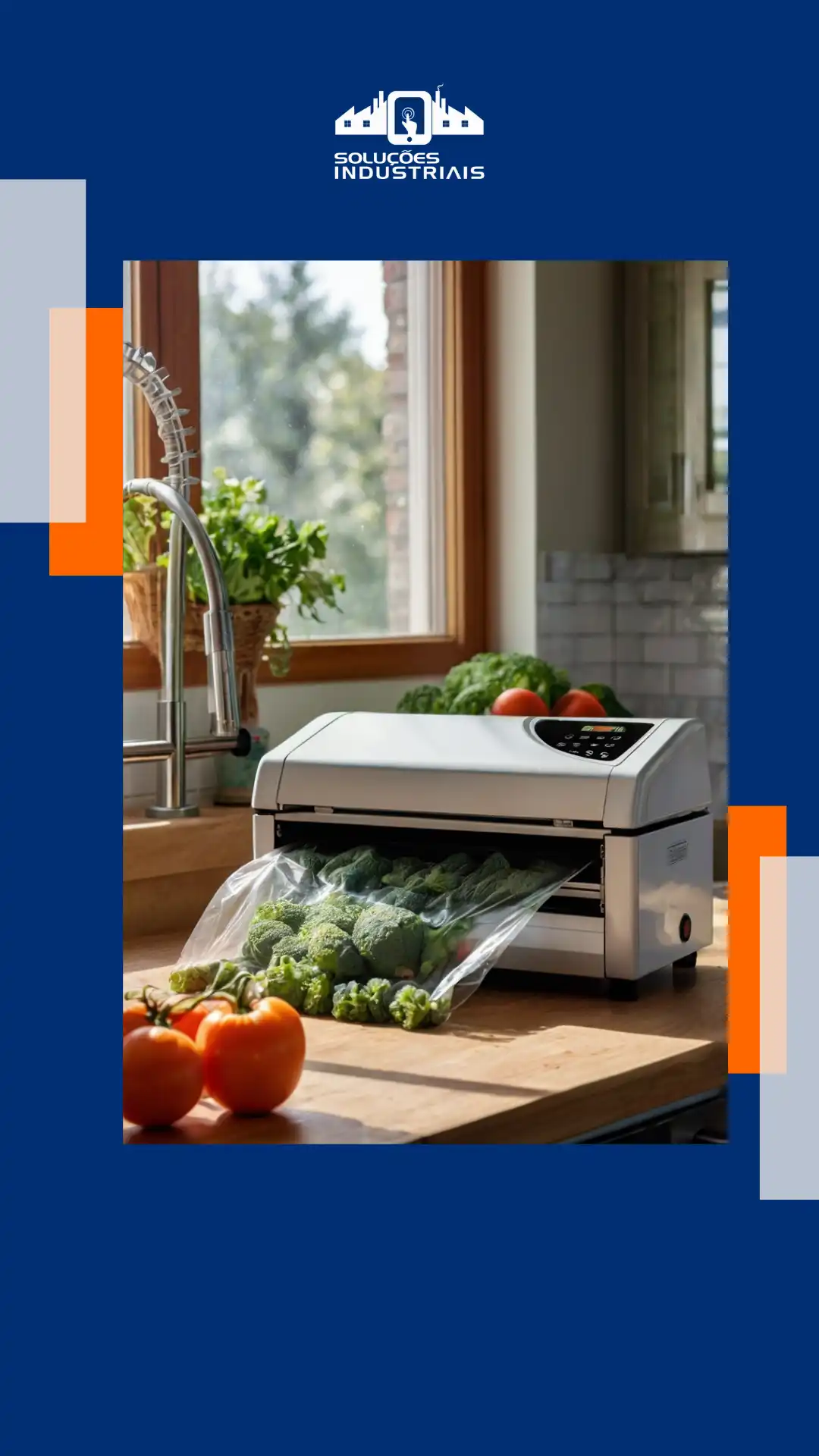 Imagem de uma máquina de embalagem a vácuo em uso, demonstrando como preservar alimentos frescos. Ideal para 8 Alimentos que podem ser embalados a vácuo.