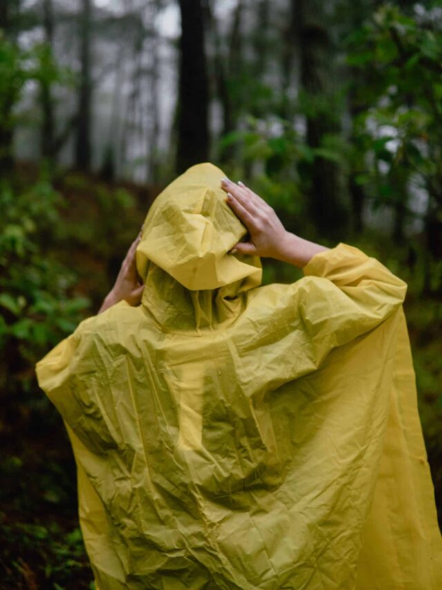 Person in yellow raincoat walking in a wet forest