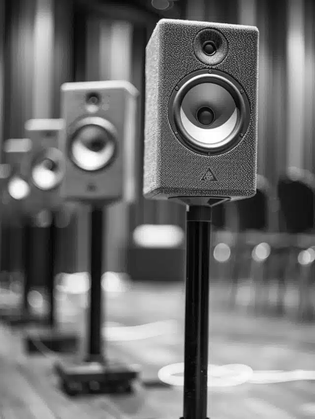 High-Quality Loudspeakers in Acoustic Room with Black and White Detail - Studio Sound Equipment for Professional Audio Recording
