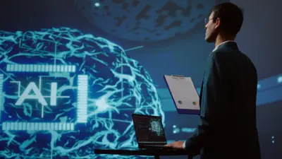 especialista em tecnologia analisando holograma de cerebro artificial