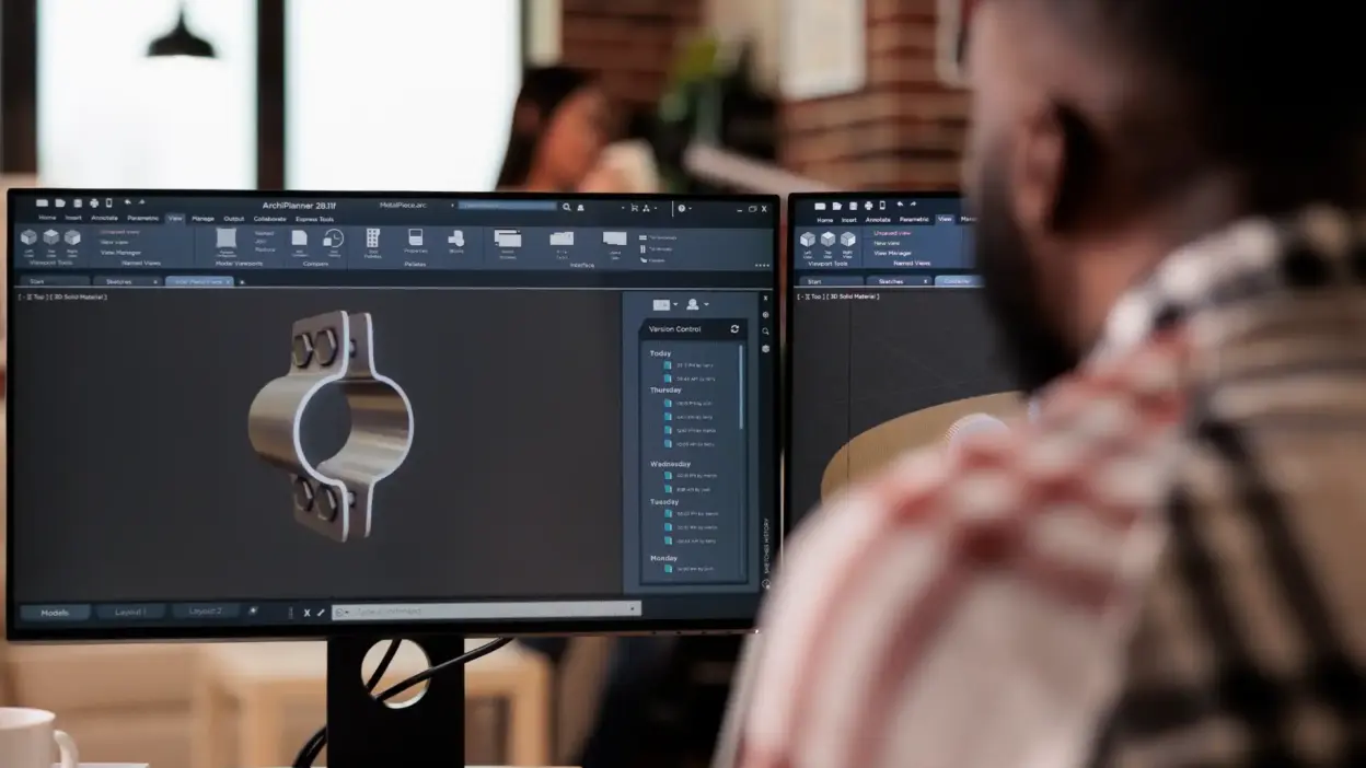 Imagem de um profissional de design gráfico trabalhando em projeto 3D usando um software de modelagem no computador, em ambiente de escritório moderno.