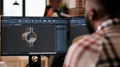 Imagem de um profissional de design gráfico trabalhando em projeto 3D usando um software de modelagem no computador, em ambiente de escritório moderno.