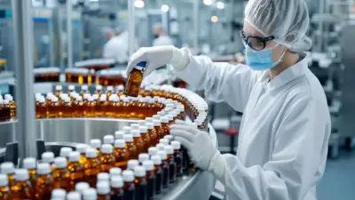 Profissional de fabricação de medicamentos em uma linha de produção na indústria farmacêutica, usando equipamento de proteção, como máscara, óculos e avental branco, manipulando frascos de remédios.