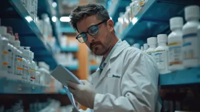 Farmacêutico analisando medicamentos na prateleira de farmácia, com foco em compra de remédios e saúde.