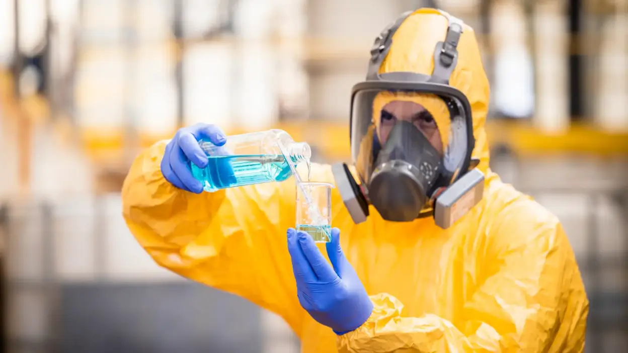 profissional de laboratorio com traje de protecao uso de blindagem e luvas azuis jpg