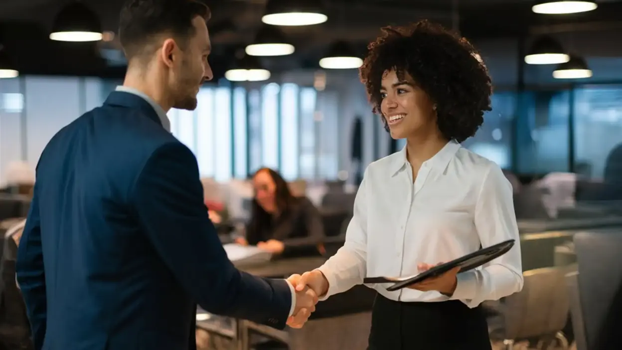 Homem e mulher em reunião de negócios trocando um aperto de mãos em ambiente de escritório moderno, sorrindo e transmitindo profissionalismo.