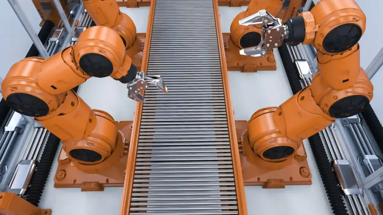 robos industriais manipulando objetos em producao