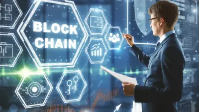 homem terno apontando blockchain graficos icones tecnologia