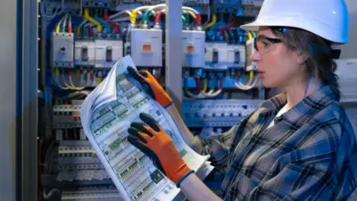 tecnica eletrica com capacete analise diagramas em quadro eletrico industrial