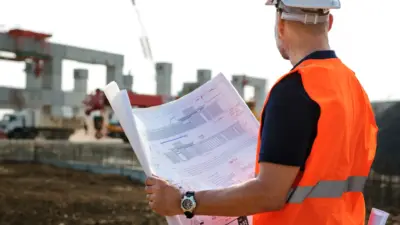 engenheiro revisando plantas em canteiro de obras