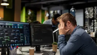 homem frente monitores programacao em escritorio
