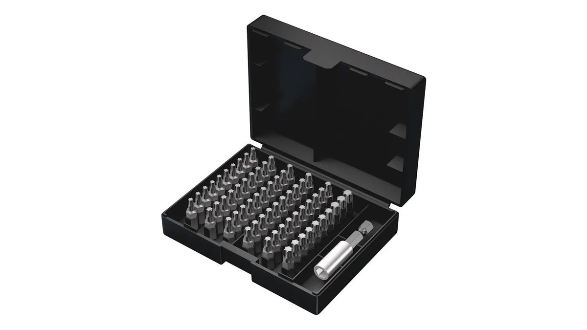 Tipos de bits para parafusadeira: como identificar cada um 3 Estojo preto aberto com dezenas de bits enfileirados e um porta-bits magnético