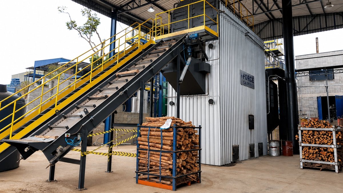 Tipos de caldeira industrial: como funcionam e onde usar 3 Caldeira industrial com esteira inclinada de alimentação e lenha empilhada em gaiolas metálicas ao lado