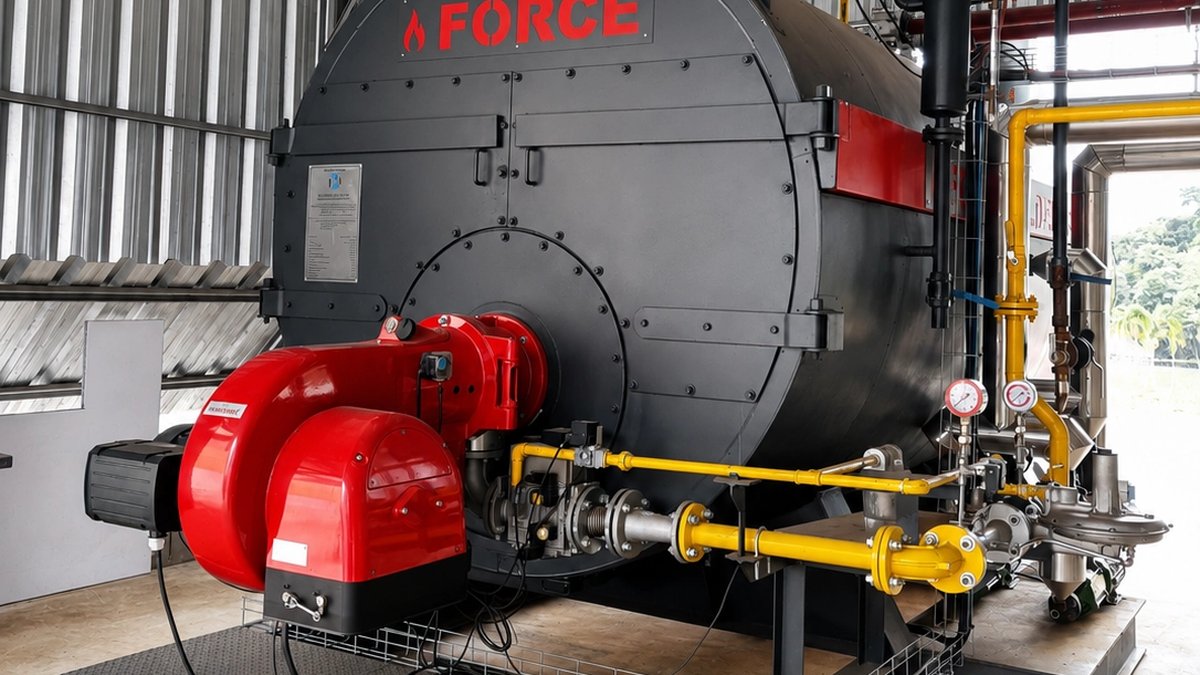 Tipos de caldeira industrial: como funcionam e onde usar 2 Caldeira compacta horizontal de corpo cilíndrico com queimador vermelho montado na frente