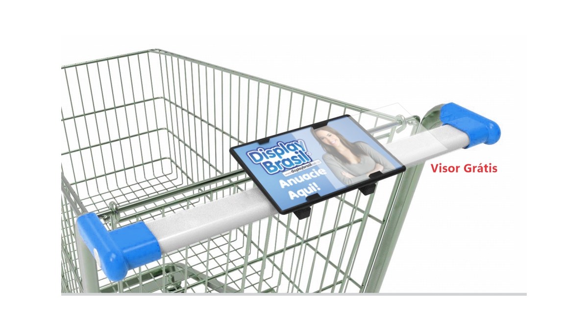 O que é wobbler e stopper no ponto de venda 2 Display de manopla encaixado na barra de um carrinho de supermercado, com mídia impressa e visor transparente