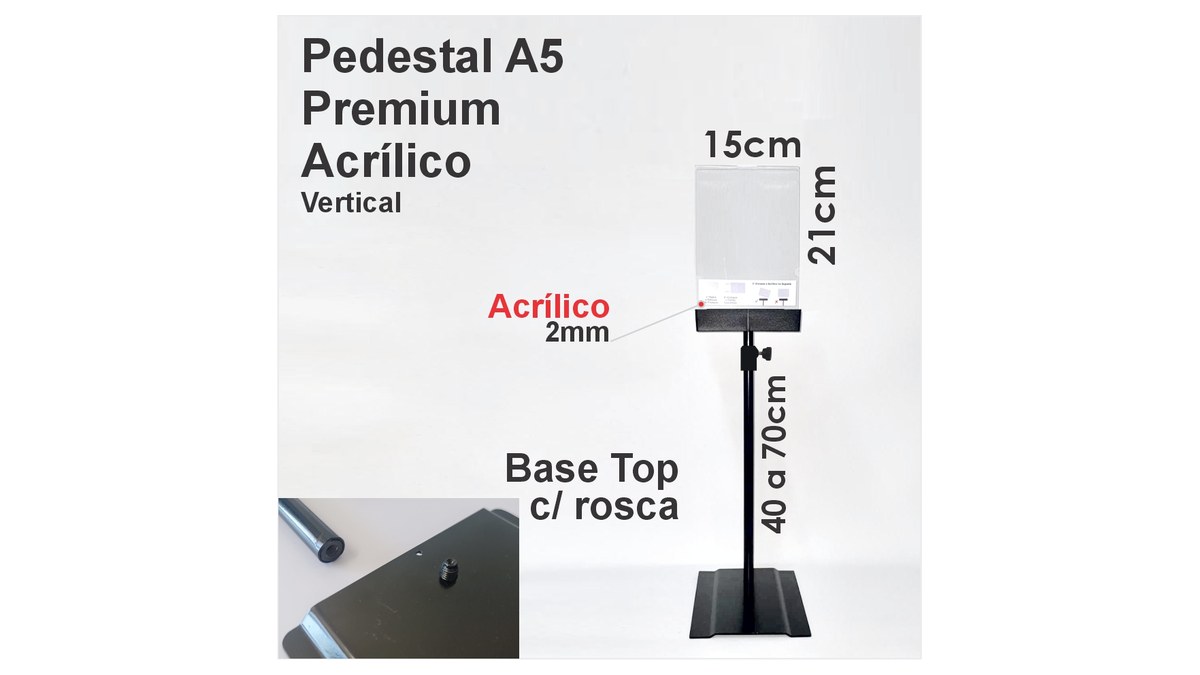 Papelão, poliondas, MDF ou acrílico: material do display 2 Pedestal porta-cartaz A5 com moldura de acrílico de 2 mm e haste regulável de aço com base preta